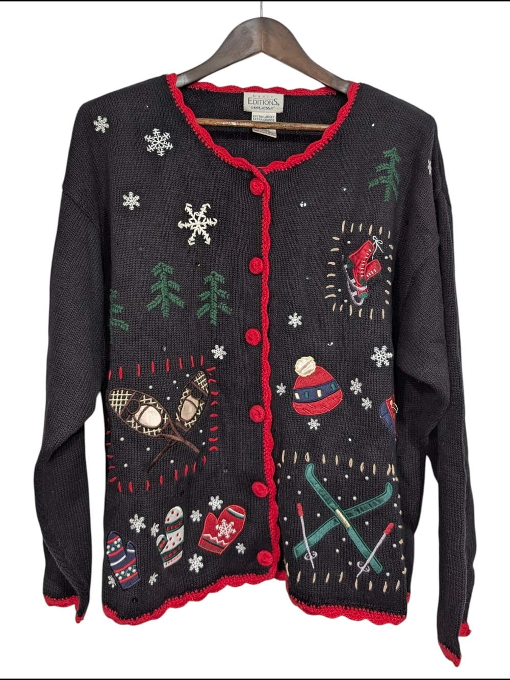 Vintage Women's XL Black Holiday Cardigan Ski Winter Knit Red Trim Ramie Cotton